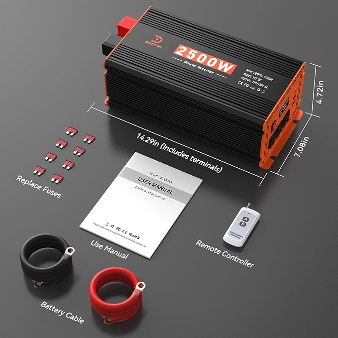 2500W Power Inverter 12V DC to 110V/120V AC Converter for RV/Truck/Boat/Camping/Off-Grid Solar Car Power Inverter Peak Power 5000W with 3 AC Outlets,USB & Type-C Port, Remote Controller & LCD Screen