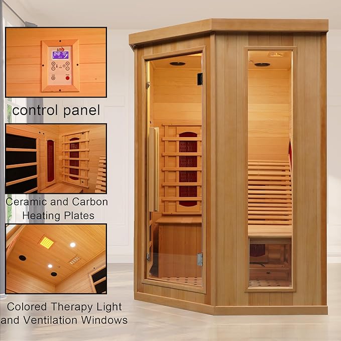 Smartmak Far Infrared Sauna Room with Recliner, 1 Person Indoor Canadian Hemlock Sauna Room, Carbon Crystal Heating Panel and Heating Tubes, 7 Color Light, Oxygen Bar, Bluetooth Speaker (220V, 2300W)