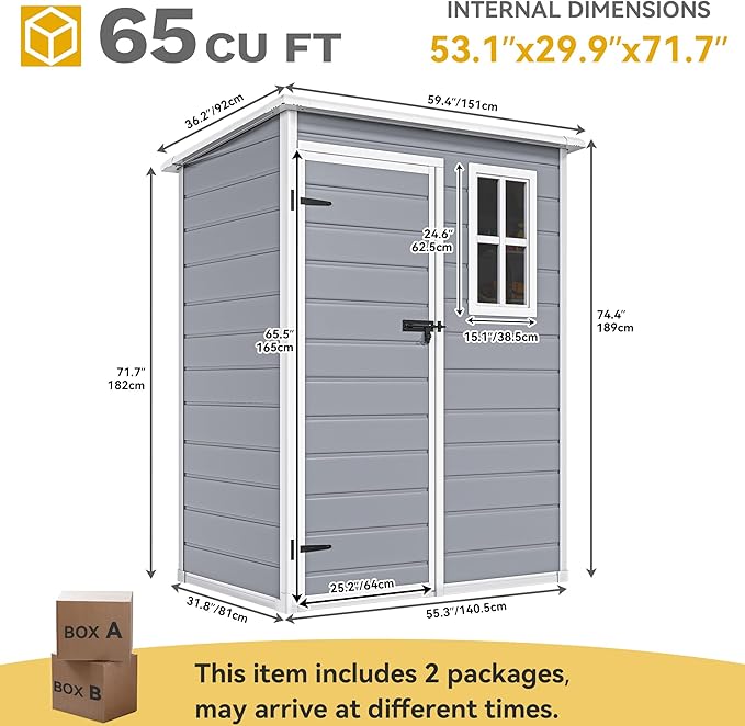 DWVO 5x3ft Resin Outdoor Storage Shed with Floor, Waterproof Lockable Storage Shed with Window, Plastic Outside Tool Storage for Garden, Backyard, Patio, Lawn, Gray