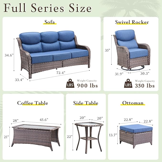 Luxury High Back Outdoor Furniture with 6-inch Extra Thick Cushions, Patio Furniture Set with Swivel Chairs, 7 PCS Wicker Conversation Set for Yard, Deck, Poolside, Brown/Blue