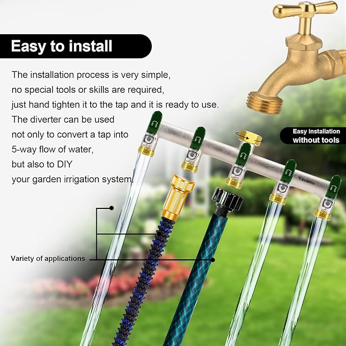 5 Way Garden Hose Splitter, Heavy Duty Brass Nickel Plated Rust Resistant Faucet Manifold, 3/4" Frost Resistant Outdoor Hose Adapter Connector,Hose Spigot Adapter with 5 large Green handles