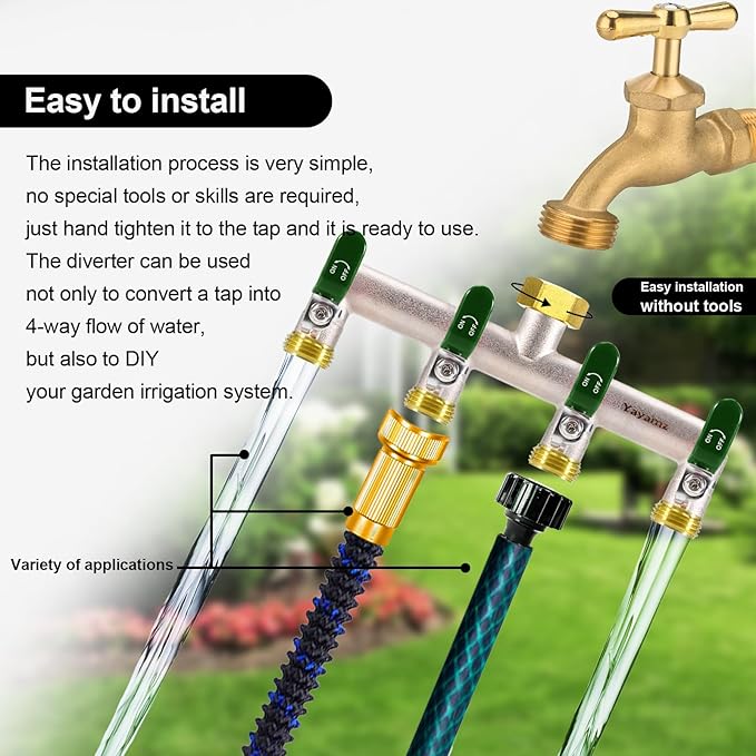 4 Way Garden Hose Splitter, Heavy Duty Brass Nickel Plated Rust Resistant Faucet Manifold, 3/4" Frost Resistant Outdoor Hose Adapter Connector,Hose Spigot Adapter with 4 large Green handles