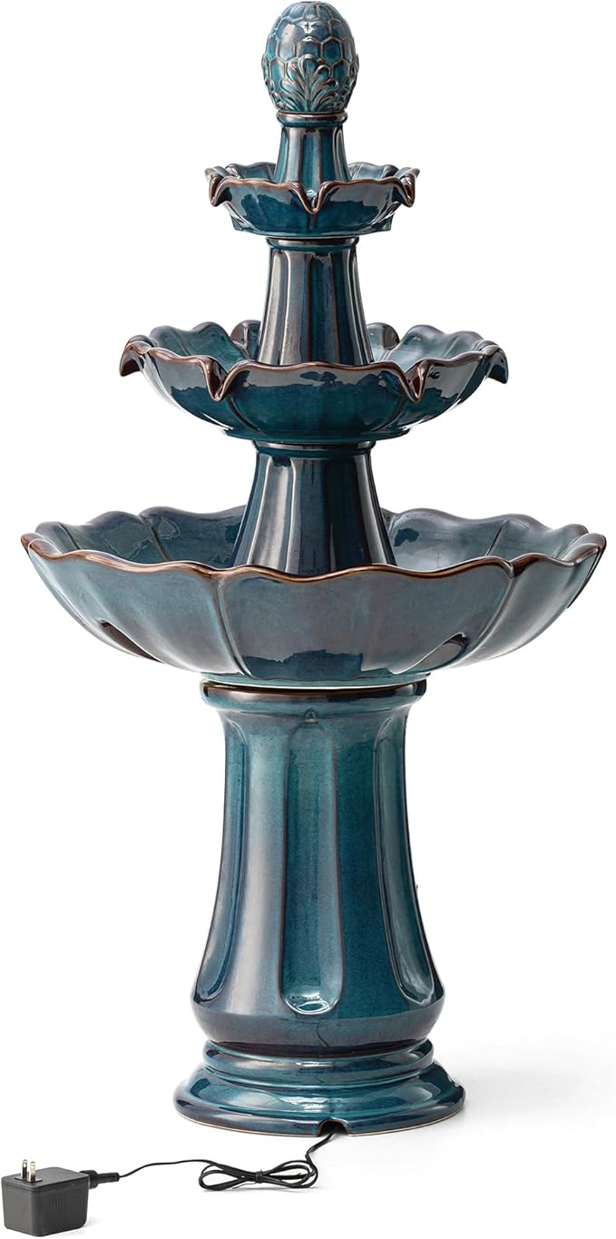 Glitzhome Outdoor Fountain and Waterfalls 3 Tier Patio Fountains, 45" H Turquoise Ceramic Water Fountain with LED Light, Pump & Adapter Garden Outdoor Floor Stand Fountains for Backyard Deck Lawn