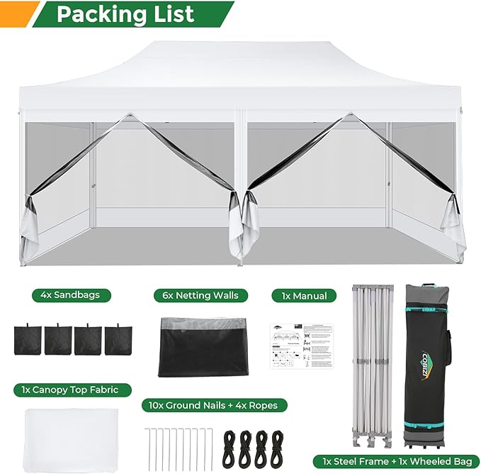 COBIZI 10x20 Heavy Duty Pop Up Canopy Tent with 6 Sidewalls, Commercial Gazebo Party Tent with Mosquito Netting Wall Easy Set Up Outdoor Instant Screen Tent for Backyard, Patio, Garden, White