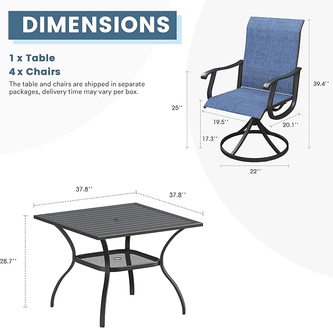 DIFY 5 Pieces Outdoor Patio Dining Set for 4, 37.8" Black Metal Square Dining Table and 4 Blue Textilene Patio Swivel Chairs, Outdoor Table and Chairs