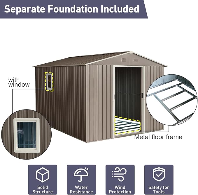 8x10 FT Outdoor Metal Shed,Tool Storage Cabinet with Floor Base and Window,Sliding Doors & Padlock,Waterproof Oversized Shelter for Shovels,Umbrellas,Grey