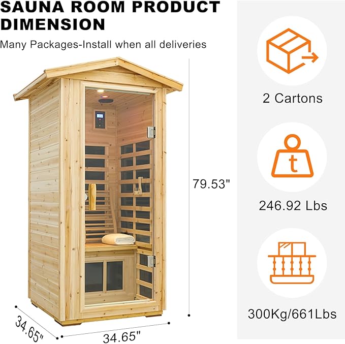 Luxury Outdoor Sauna, 1 Person Old Fir Wood Low EMF Far Infrared Sauna 1560W, Home Sauna with LCD Control Panel, Chromotherapy Light, Reading Light, Bluetooth Speaker
