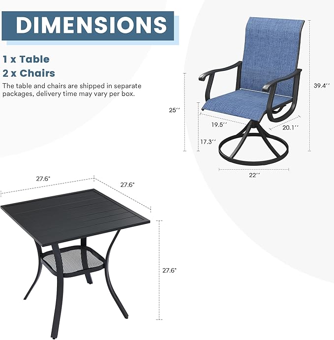 DIFY 3 Pieces Outdoor Patio Dining Set for 2, 27.6" Small Black Square Metal Dining Table and 2 Blue Textilene Swivel Dining Chairs, Outdoor Table and Chairs