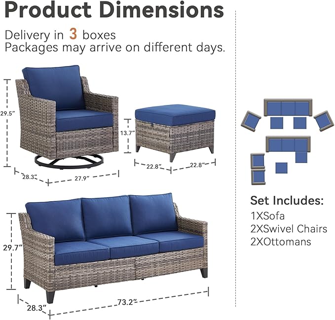Patio Furniture Set, 5 Pieces Outdoor Wicker Rattan Sofa Couch with Rattan Chair, Ottomans and Comfy Cushions, All Weather Patio Conversation Sets, Suit for Porch Deck Garden