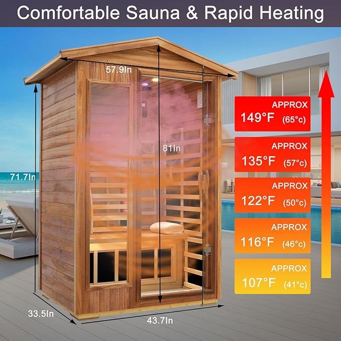 Outdoor Sauna 2 Person, Ceramic Infrared Saunas for Home, 0-5 mg Low EMF Infrared Sauna, Mahogany Wood Home Sauna Room with Bluetooth Speakers, LED Reading Lamps, Chromotherapy Lights