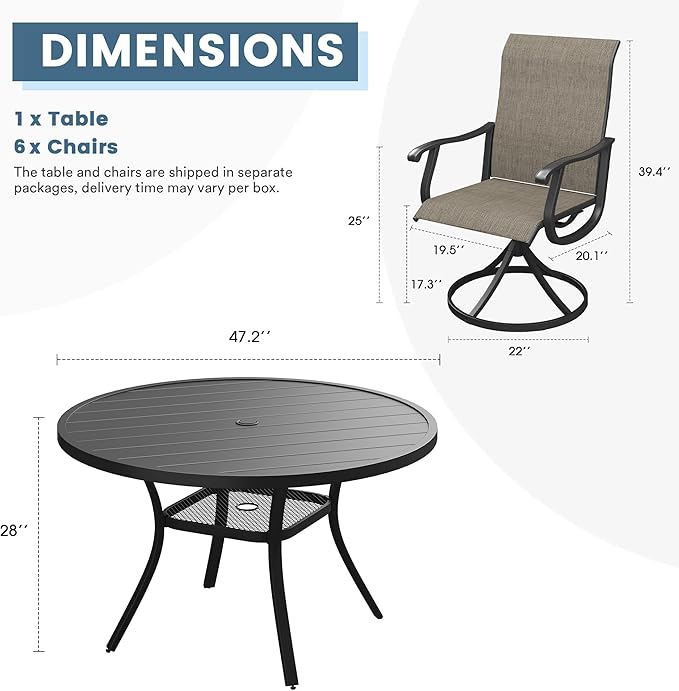 DIFY 7 Pieces Outdoor Patio Dining Set, 6 Brown Textilene Swivel Dining Chairs and 47.2" Black Round Dining Table, Metal Outdoor Table and Chairs