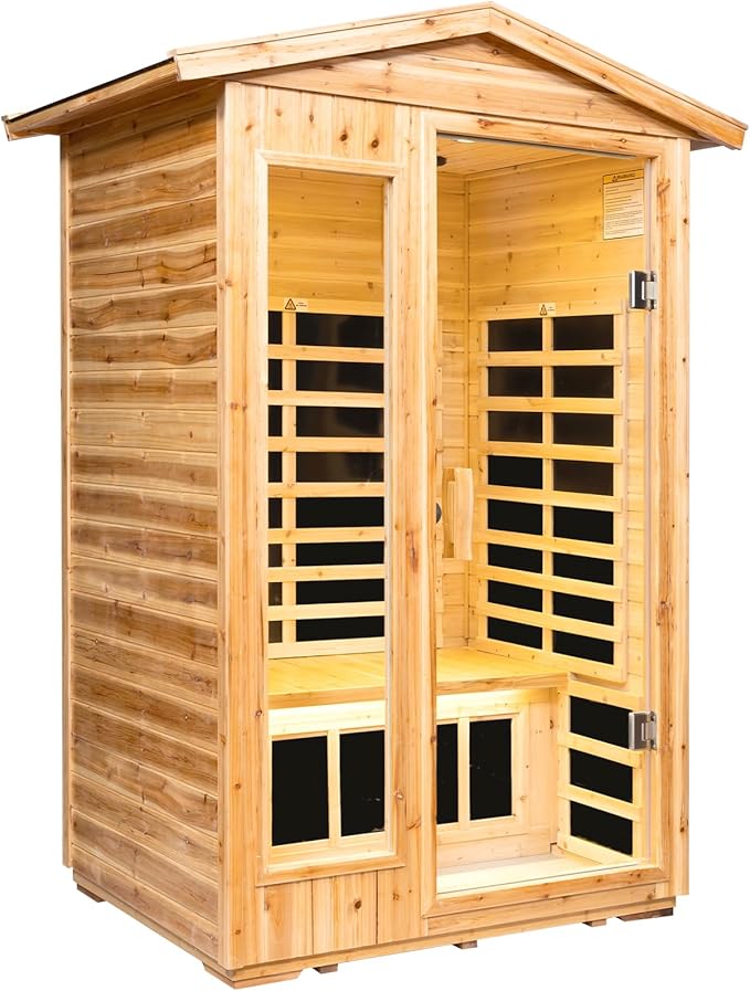 Far Infrared Sauna Room for 2 Persons Low EMF Home Indoor/Outdoor Saunas Canadian Premium Hemlock Wood-Sweating Detox-Colored Light Spectrum-LCD Display-Bluetooth