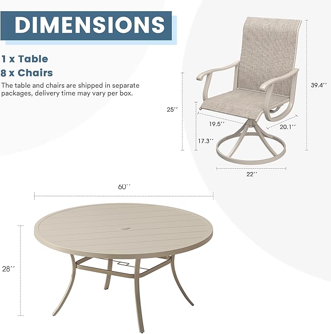 DIFY 9 Pieces Outdoor Patio Dining Set, 8 Sandshell Textilene Swivel Dining Chairs and 60" Sandshell Round Metal Dining Table, Outdoor Table and Chairs