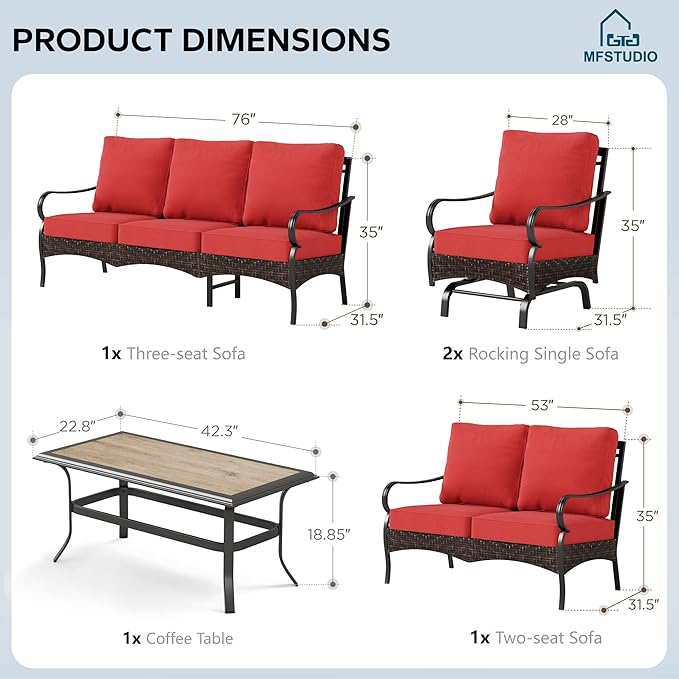 MFSTUDIO 5 PCS Outdoor Patio Furniture Set, Metal Outdoor Conversation Set, Rattan Wicker Patio Sectional Sofa Set with 2 x Rocking Single Sofa, 2-Seat and 3-Seat Sofa, 1 x Coffee Table, Red