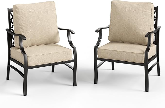 Patio Chairs Set of 2, High Back Outdoor Patio Metal Leg Chairs with 5.75" Thick Cushions for Bistro Balcony Porch Deck and Yard, Beige