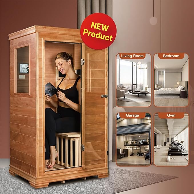 Far Infrared Sauna Room for 1 Person, Low EMF 960W/120V with Elevated Base, 6 Heating Panels, Built-in Speakers, Tea Tray, Control Panel, 35 × 27 × 61 Inch (35 * 27 * 61 Inch)
