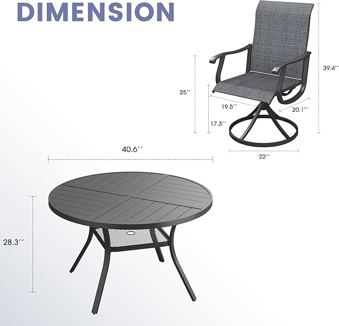 VICLLAX 5 Pieces Outdoor Dining Set, Patio Furniture Set of 4 Patio Swivel Dining Chairs and 40.6" Patio Spliced Round Tabletop with Storage Shelf, Dark Charcoal Chairs & Black Tabletop