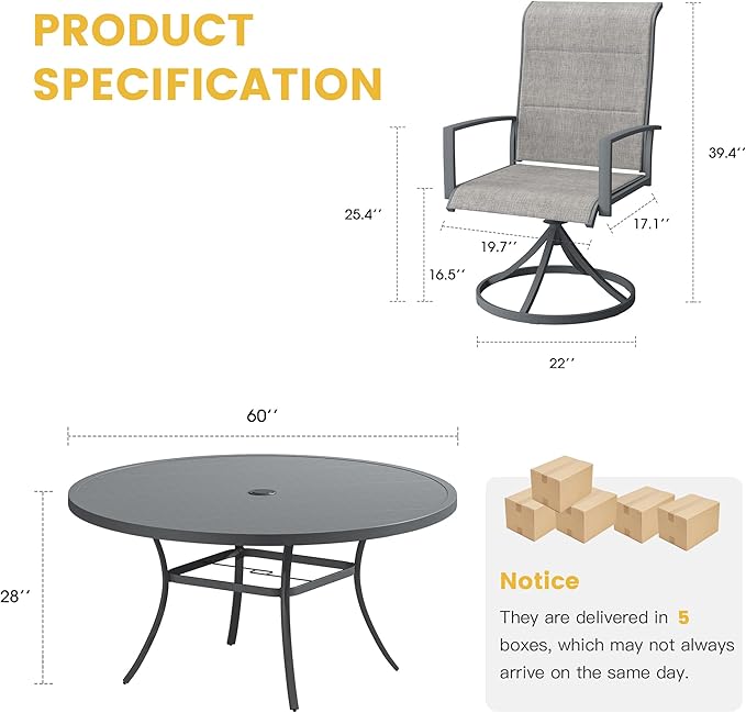 VICLLAX Outdoor Dining Set for 8, Outdoor Furniture Includes 60" Round Patio Table and Swivel Padded Chairs, Grey Tabletop and Fabric