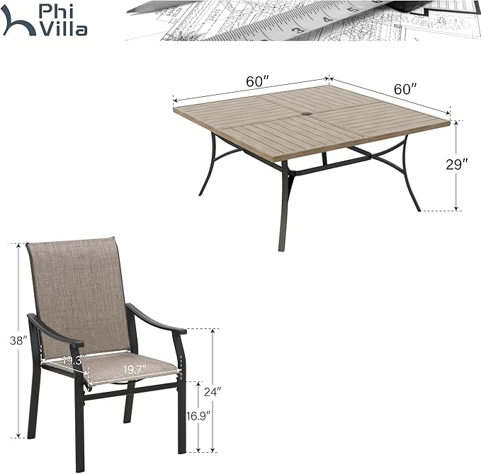 PHI VILLA 9 pcs Patio Dining Set,Heavy Duty Extra Large Square Metal Table with 1.9" Umbrella Hole, Wooden Like Table Top, 8 Textilene Dining Chairs, Breathable and Waterproof for Garden,Lawn