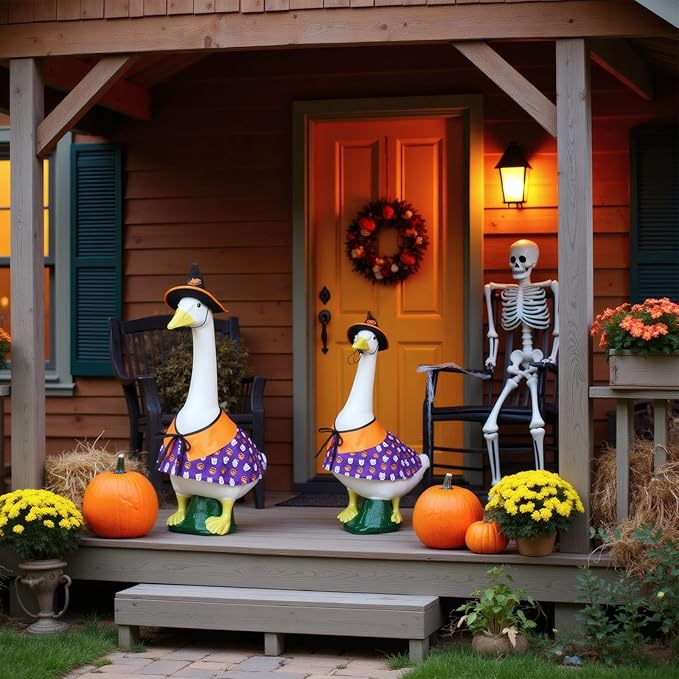 Halloween Porch Goose Outfits 23", Yard Goose Statue Clothes with Pumpkin Trick or Treat Bags, Fall Thanksgiving Outdoor Decor for Patio Lawn Garden and Porch Goode Theme (Pumpkin Ghost Cloak)