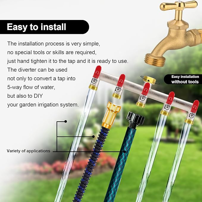 5 Way Garden Hose Splitter, Heavy Duty Brass Nickel Plated Rust Resistant Faucet Manifold, 3/4" Frost Resistant Outdoor Hose Adapter Connector,Hose Spigot Adapter with 5 large red handles