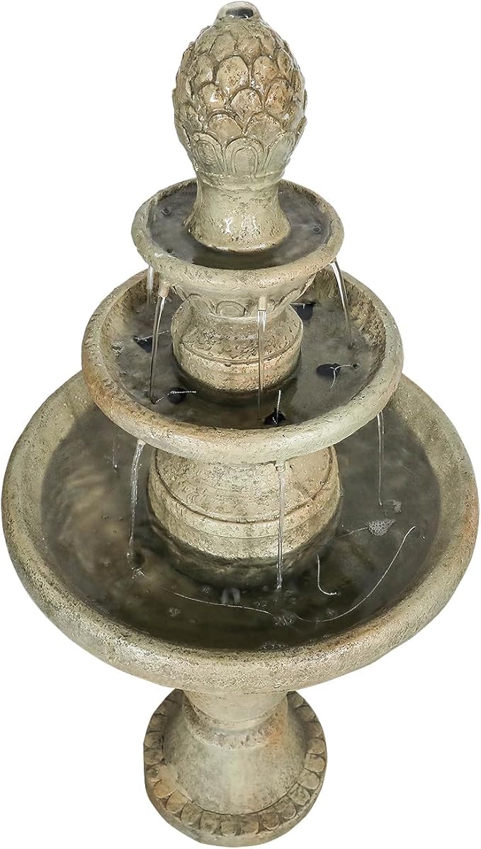 42.5" H Traditional Outdoor Water Fountain with Pineapple Finial – Classic Garden Décor with Flowing Cascade and Antique Stone Finish for Patios, Lawns, and Courtyards