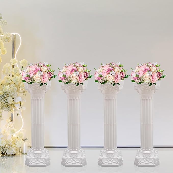 Roman Column Pedestal, Plastic White Columns for Weddings Indoor/Outdoor Roman Pillar Stand for Table Sculptures, Vase, Garden Decor (4PCS, 10.6 x 34.6 Inch Round)