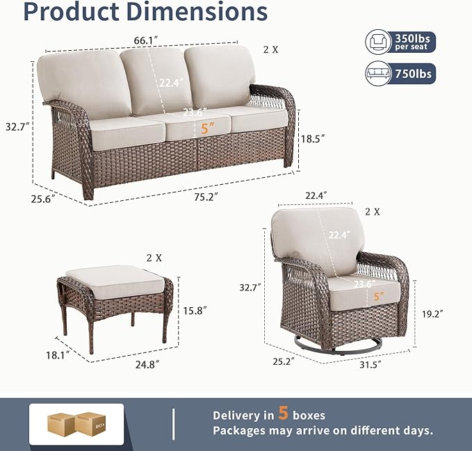 6 Pieces Patio Furniture Set Outdoor Sectional Sofa Couch with Rocking Swivel Chairs 5" Deep Seat Chairs, 2 Sofa Sets Modern Wicker Rattan Conversation Set, Beige/Brown Wicker