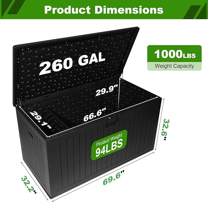 260 Gallon Outdoor Storage Box Waterproof, Extra Large Plastic Outside Deck Box Weatherproof, Resin Patio Storage Bin with Lock and Lids for Pool Equipment, Cushion