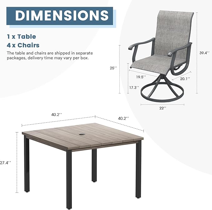 DIFY 5 Pieces Outdoor Patio Dining Set for 4, 40.2" Metal Square Dining Table and 4 Grey Textilene Swivel Dining Chairs, Outdoor Table and Chairs