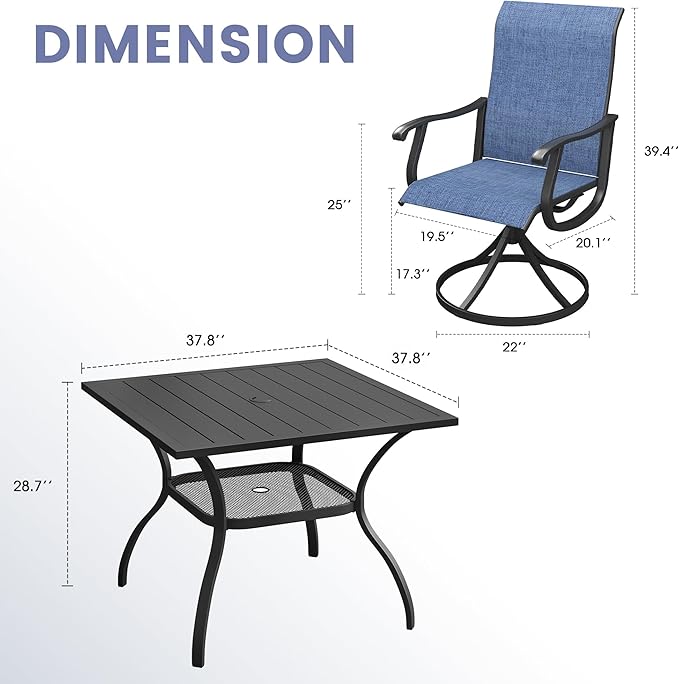 VICLLAX 5 Pieces Outdoor Dining Set, Patio Furniture Set of 4 Patio Swivel Dining Chairs and Square Patio Table with Storage Shelf, Navy Blue Chairs & Black Tabletop
