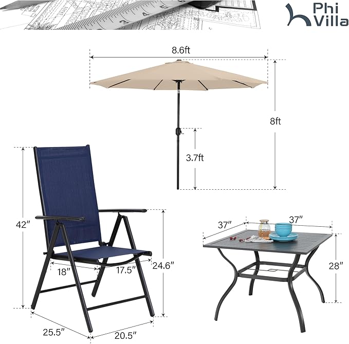 PHI VILLA Outdoor Patio Dining Set for 4 with Umbrella (Beige), Patio Table and Chairs with Adjustable Patio Folding Chairs Blue for Yard and Garden