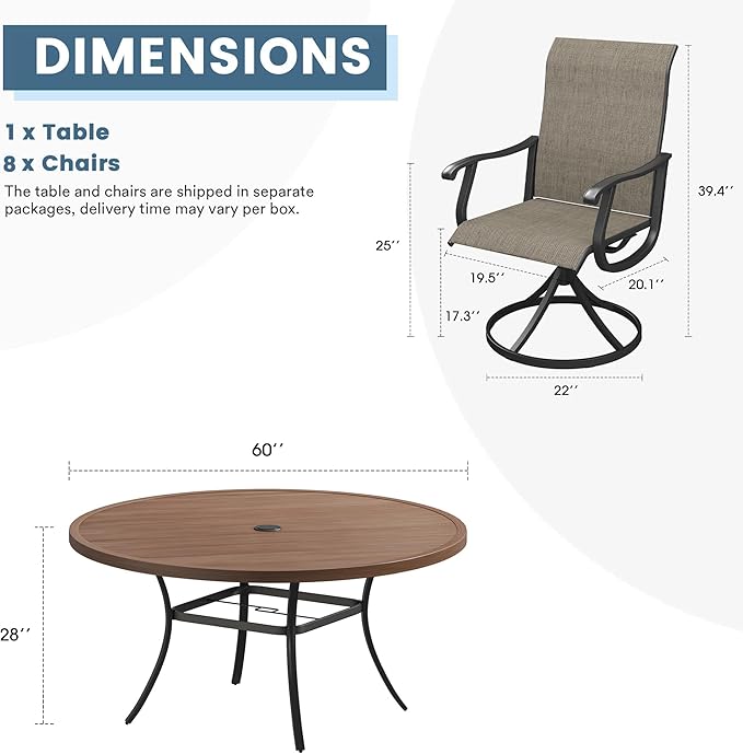 DIFY 9 Pieces Outdoor Patio Dining Set, 8 Brown Textilene Swivel Dining Chairs and 60" Walnut Round Metal Dining Table, Outdoor Table and Chairs