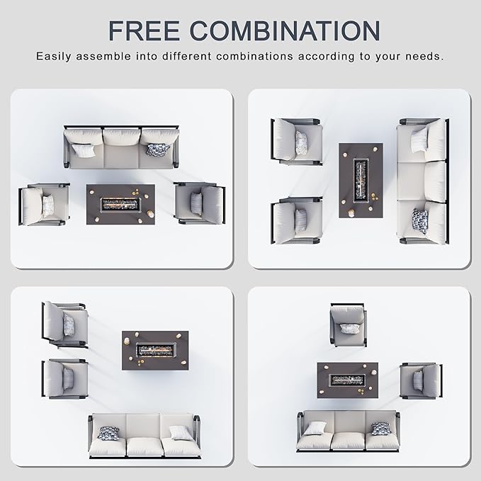 4 Pieces Outdoor Patio Conversation Sets with All Weather Cushions, Metal 3-Seater, 2 Single Chairs, 1 Fire Pit Table for Backyard Deck Porch Poolside, Beige