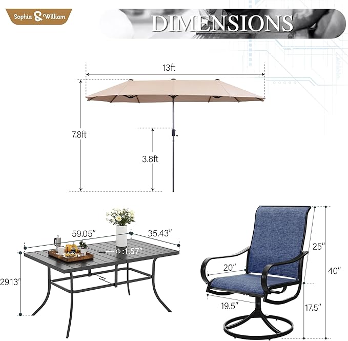Sophia & William Patio Set with Umbrella 8 Pieces Outdoor Dining Set for 6 with 13ft Large Patio Umbrella Beige, 6 x Blue Swivel Patio Chairs with 59" Dining Table for Lawn Garden