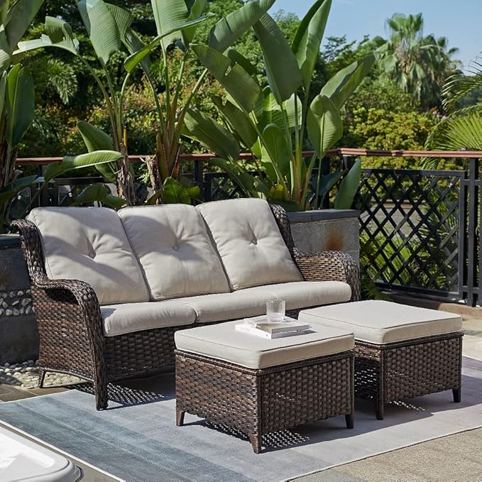 HUMMUH 3-Seat Outdoor Wicker Sofa PE Rattan Patio Couch with Cushions,Deep Seat High Curved Back Armset Patio Sofa