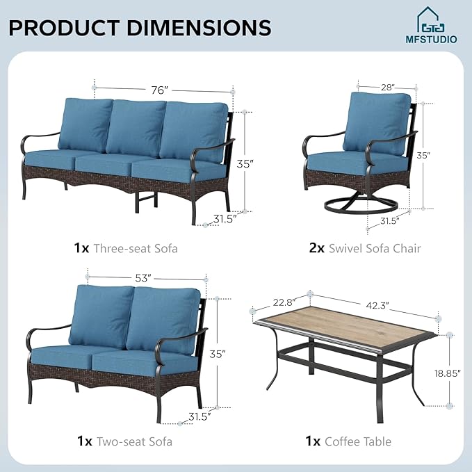 MFSTUDIO 5 PCS Outdoor Patio Furniture Set, Metal Outdoor Conversation Set, Rattan Wicker Patio Sectional Sofa Set with 2 x Swivel Single Sofa, 2-Seat and 3-Seat Sofa, 1 x Coffee Table, Navy Blue