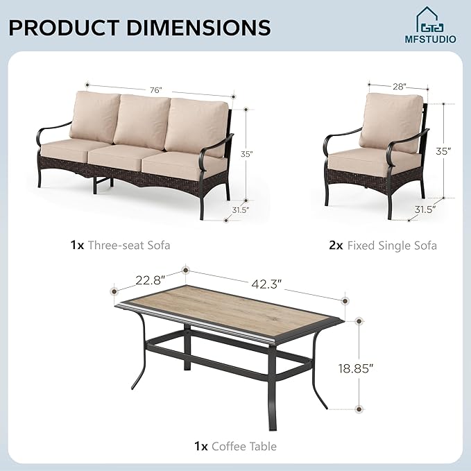 MFSTUDIO 4 Pieces Outdoor Patio Furniture Set, Metal Outdoor Conversation Set, Rattan Wicker Patio Sectional Sofa Set with 2 x Fixed Single Sofa, 3-Seat Sofa, 1 x Coffee Table, Beige