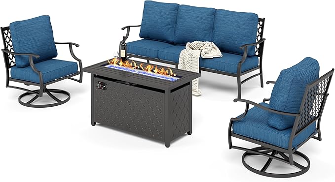 HERA'S HOUSE 4 Pieces Patio Furniture Set with Fire Pit Table, 2 x Swivel Cushioned Chair, 3-Seat Sofa with 45" Fire Pit Table, Outdoor Conversation Set for Garden Poolside Backyard, Pacific Blue