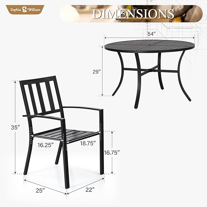 Sophia & William Round Patio Table and Chairs Set, Outdoor Dining Set for 6, 7 Piece Metal Patio Furniture, 54" Black Table(Stripe)