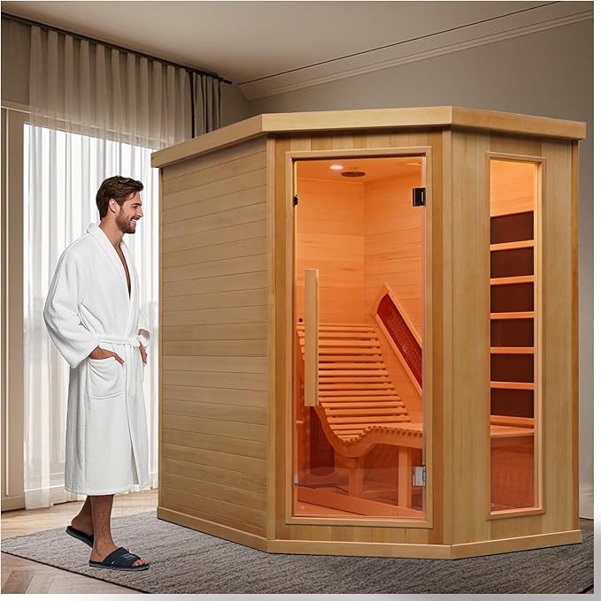 Smartmak Far Infrared Wood Sauna, 1 or 2 Person Full Spectrum Red Light Therapy Luxury Recliner Home Corner Sauna, Indoor Canadian Hemlock Dry Spa, 2300W with 8 Heaters, Speakers, Lights, Oxygen Bar