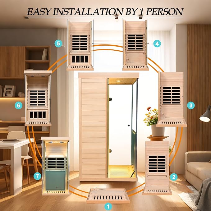Canada Hemlock Low EMF FAR Infrared Sauna Room, 1 Person Indoor Sauna 1100W/120V with 6 Carbon Panel Heater & LCD Control Panel & Bluetooth Audio & 7-Color Chromotherapy Lights & 270° Panoramic Vision
