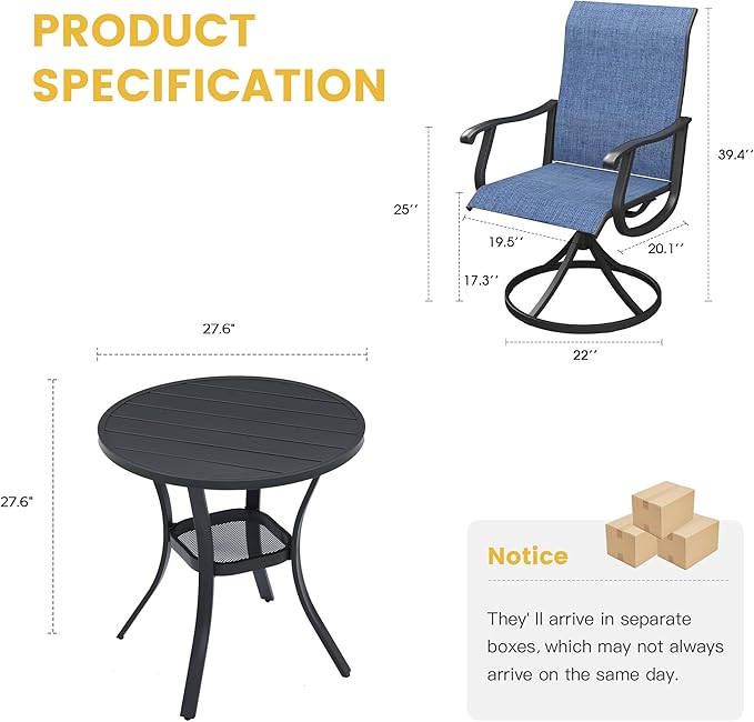 VICLLAX Patio Dining Set for 2, 3 Pieces Outdoor Furniture Includes 27.5" Small Round Patio Table and 2 Outdoor Swivel Chairs for Lawn Garden, Black Tabletop and Blue Fabric