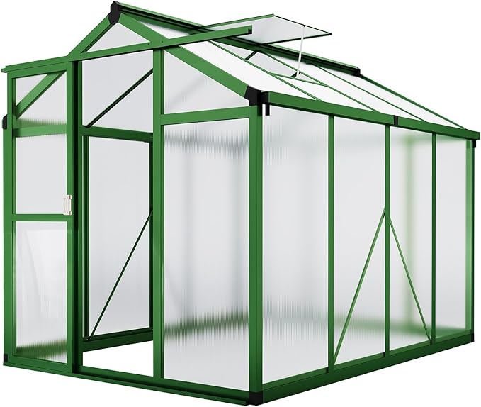 6x8 FT Greenhouse for Outdoors, Aluminum Greenhouse with Quick Setup Structure and Roof Vent, Polycarbonate Greenhouses Heavy Duty, Large Walk-in Green House for Winter Garden, Backyard, Patio, Lawn