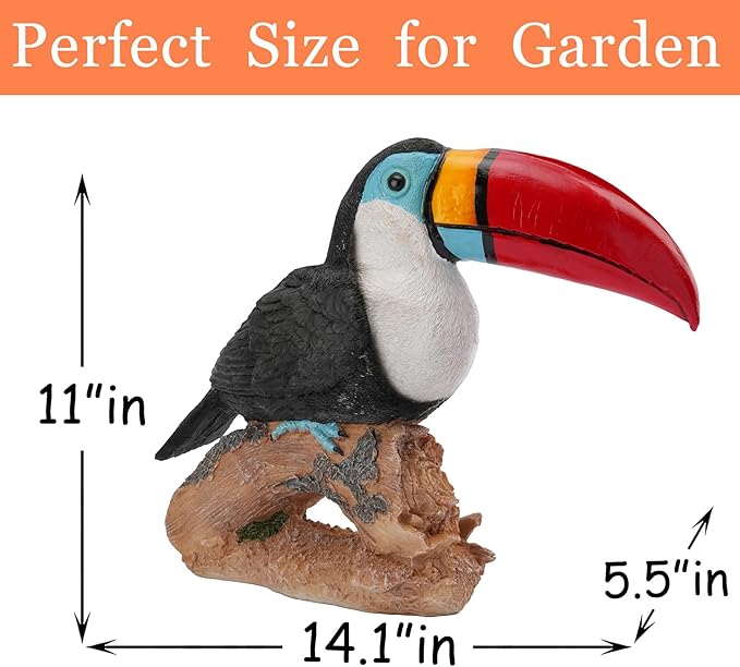 Real Toucan Statue, Vibrant Colorful Outdoor Bird Decor - 14.2" Resin Animal Sculpture, Weather-Resistant, Perfect Garden Patio Yard Ornament, Tropical Tiki Bar Accent, Unique Gift for Bird Lovers