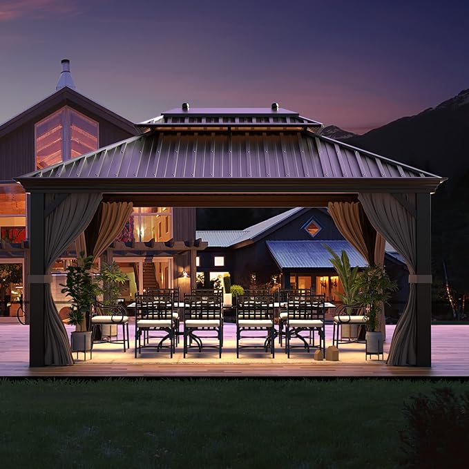 YOLENY 12' x 16' Hardtop Gazebo with Galvanized Steel Double Roof, Pergolas Aluminum Frame, Netting and Curtains Included, Metal Outdoor Gazebos for Garden, Patios, Lawns, Parties