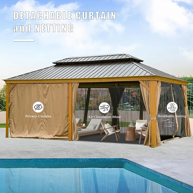 Domi Outdoor Living 12’x18’ Hardtop Gazebo, Wooden Coated Aluminum Frame Canopy with Galvanized Steel Double Roof, Outdoor Permanent Metal Pavilion with Curtains and Netting for Patio, Deck and Lawn