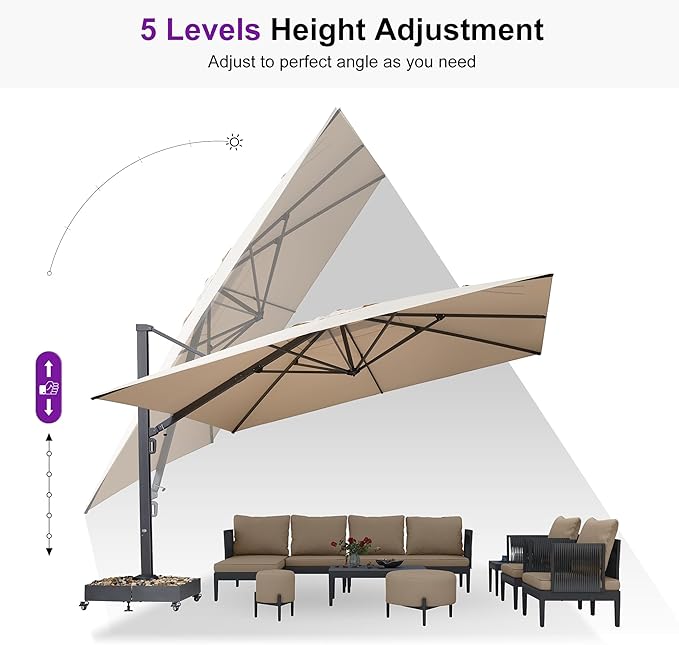 PURPLE LEAF 11' X 15' Rectangle Patio Umbrella Large Outdoor Aluminum Offset Umbrella with 360° Rotation Cantilever Umbrella with Base Included for Garden Deck Backyard Pool Beige