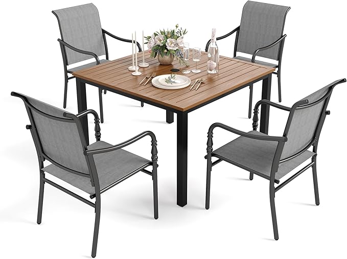 HERA'S HOUSE 5-Piece Outdoor Dining Set, 42" Square Patio Table and Chairs Set with Umbrella Hole for Restaurant Garden Lawn Backyard