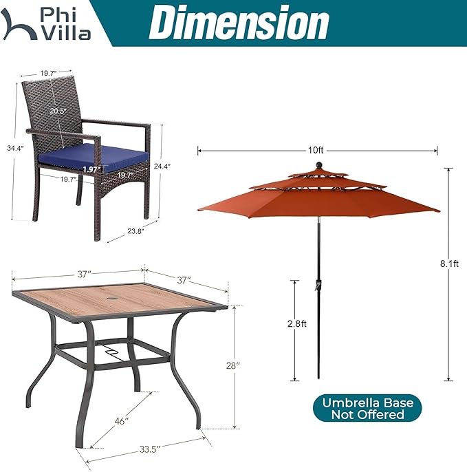PHI VILLA 5 Piece Outdoor Dining Set with Umbrella for 4, 37" Square Metal Wood-top Table & Wicker Rattan Chairs with Cushions & 10ft Red Umbrella, Dining Furniture for Patio, Deck, Backyard, Porch
